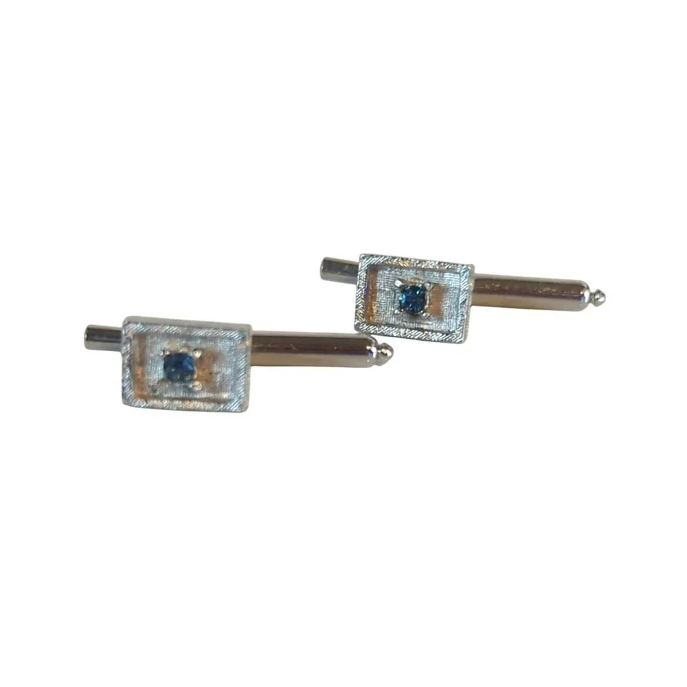 Pair of Vintage Blue Stone Rectangular Silver Tone Shirt Studs